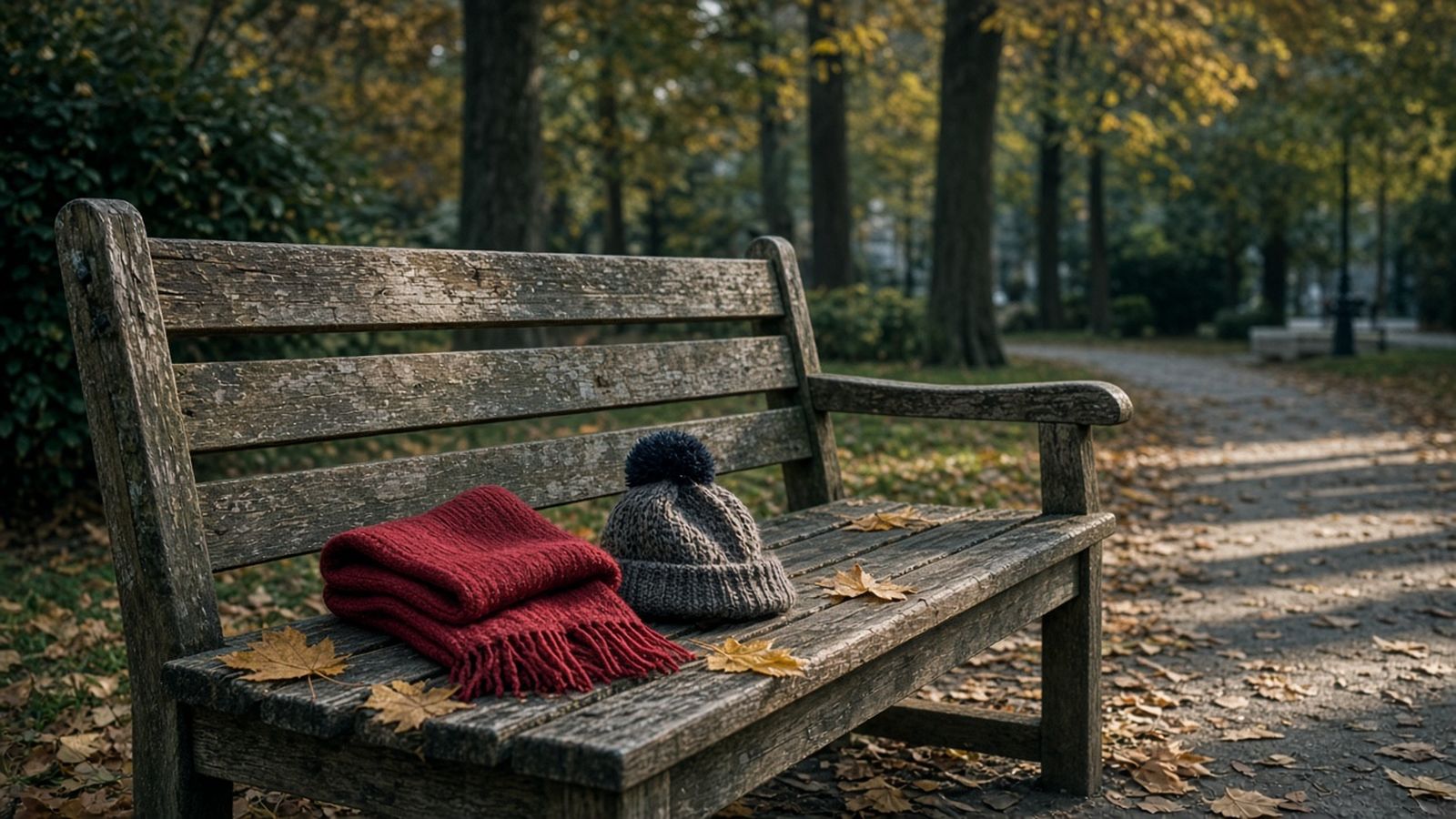 Banca de madera en un parque en otoño, con una bufanda roja y un gorro de lana sobre el asiento y hojas secas en el camino.