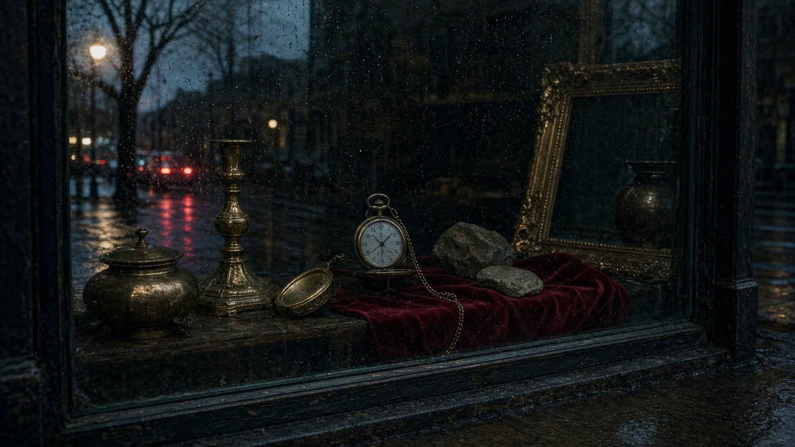 Vitrina de noche con objetos dorados, un reloj de bolsillo y monedas, con las luces de la calle reflejadas en el vidrio mojado por la lluvia.
