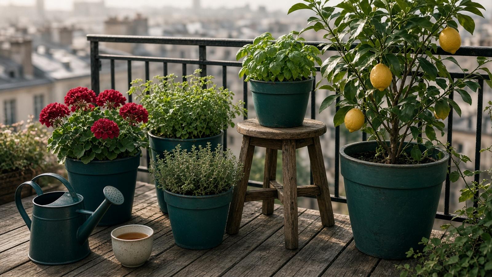 Terraza en la ciudad con maceteros de flores rojas, hierbas y un limonero, una regadera y una taza sobre una mesa pequeña.