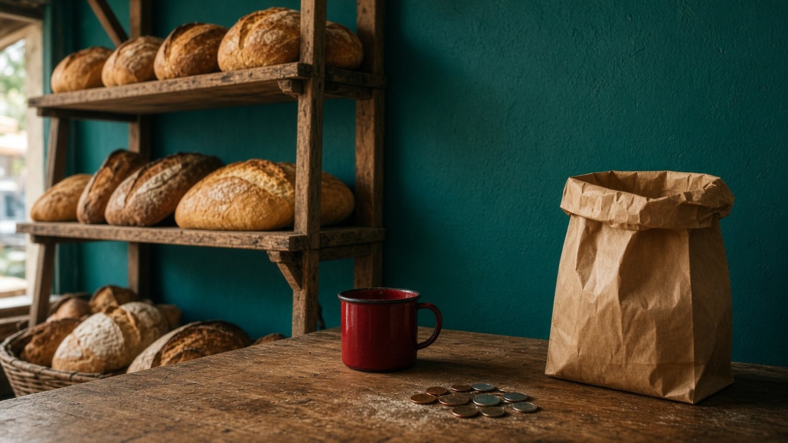 Repisa de madera con panes recién horneados, una bolsa de papel, una taza roja y monedas sobre el mesón, frente a una pared verde petróleo.