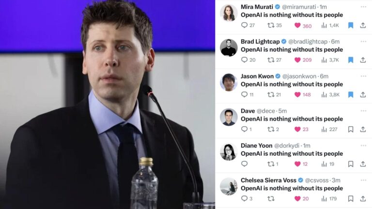 Foto del recientemente despedido Sam Altman junto con declaraciones de muchos de sus ahora ex empleados con la frase "OpenAI es nada sin su gente"