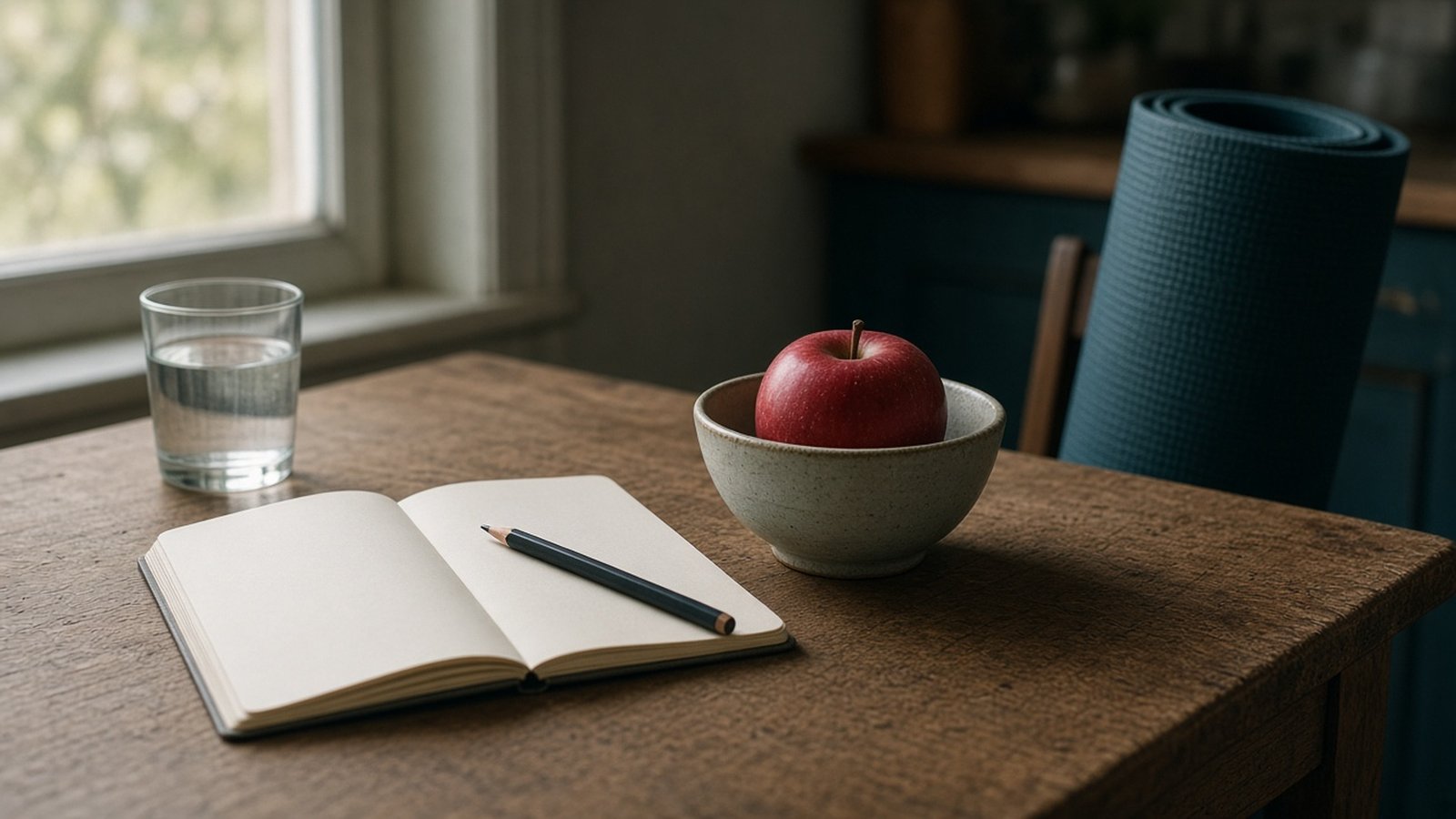 Mesa junto a una ventana con una libreta abierta, un lápiz, un vaso de agua, un bol con una manzana y una colchoneta de yoga enrollada.