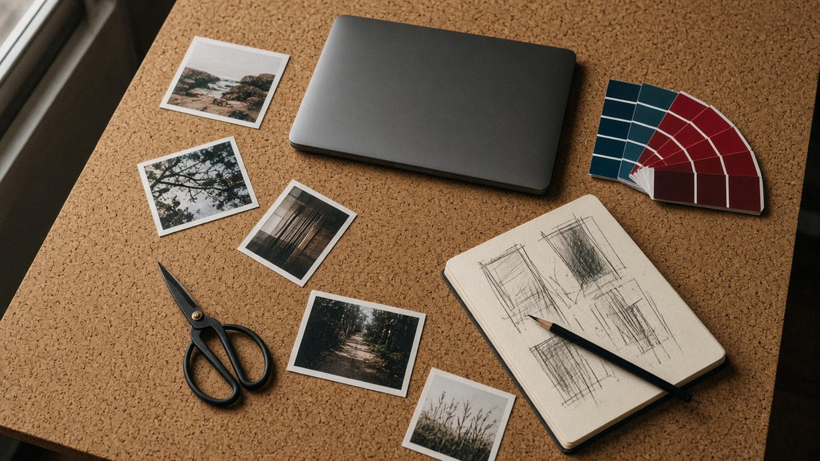Panel de corcho con fotografías impresas, una muestra de colores, un cuaderno de bocetos, unas tijeras y un computador portátil cerrado.