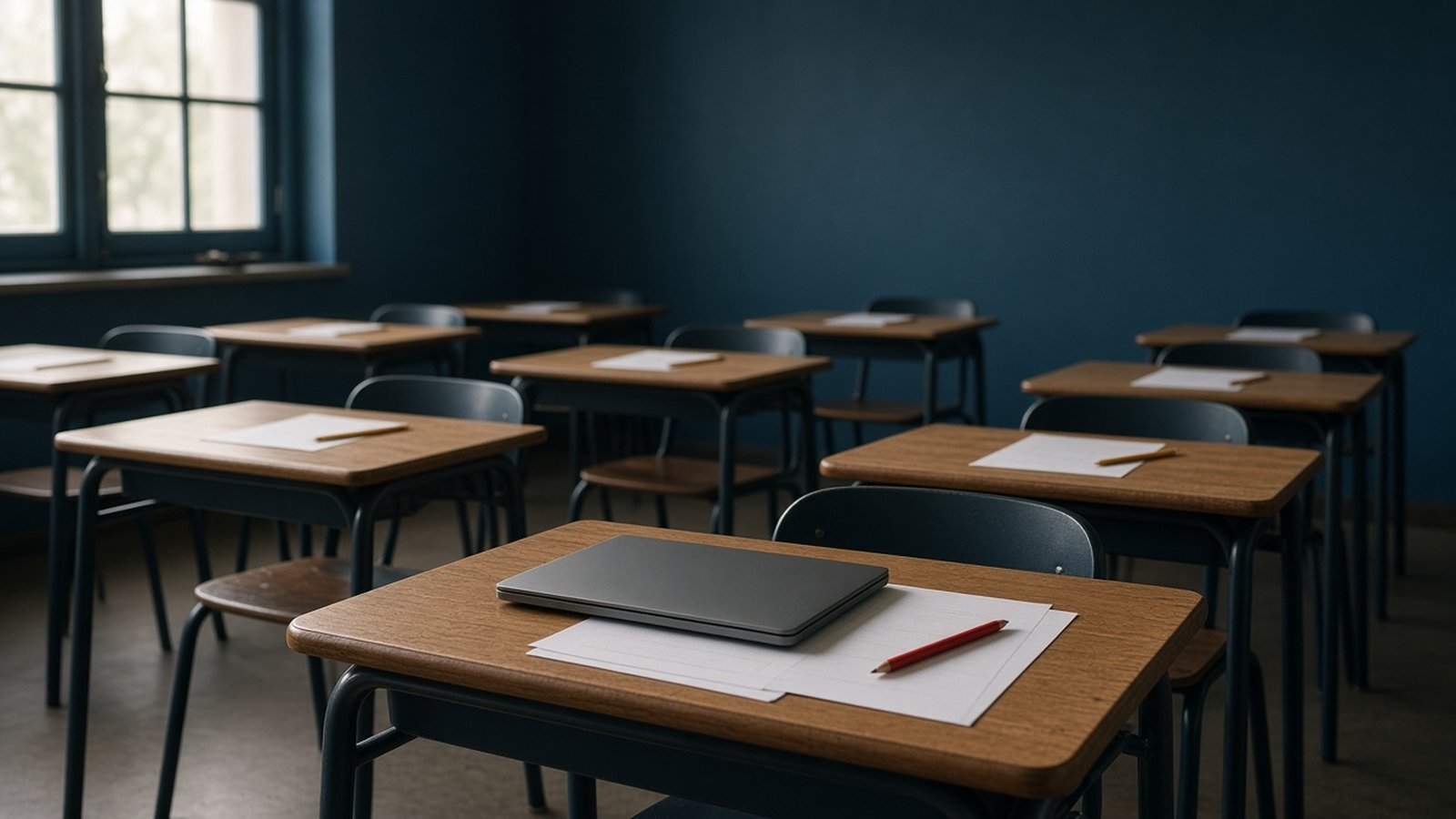 Sala de clases vacía con hojas de examen y un computador portátil sobre un pupitre
