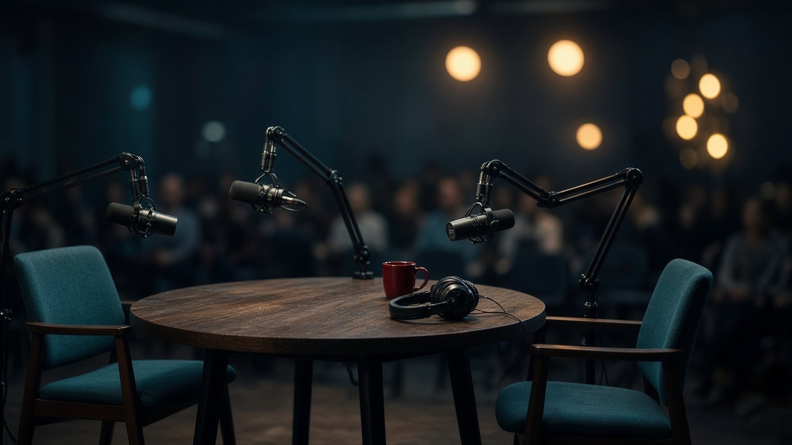 Mesa con micrófonos y audífonos en un set de entrevistas dentro de un congreso