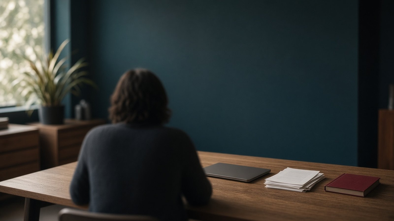Persona de espaldas sentada ante una mesa de madera en una oficina con pared verde petróleo, con libretas y libros sobre la mesa.
